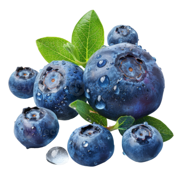 blueberries with leaves on white background