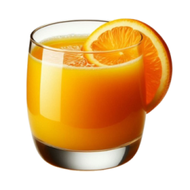 a glass of orange juice with an orange slice