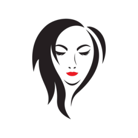 a woman's face with black hair and red lips