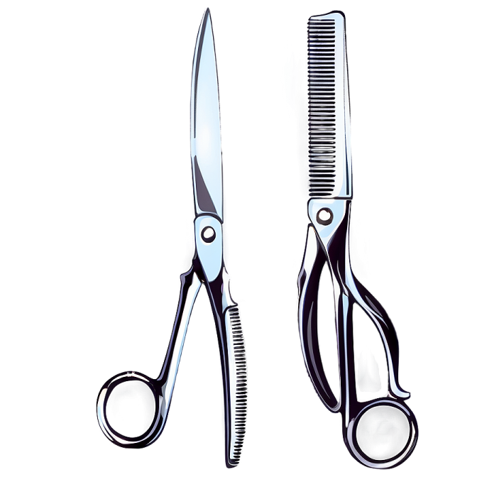 a pair of scissors and comb on a white background