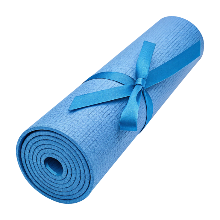 a blue yoga mat with a ribbon on it