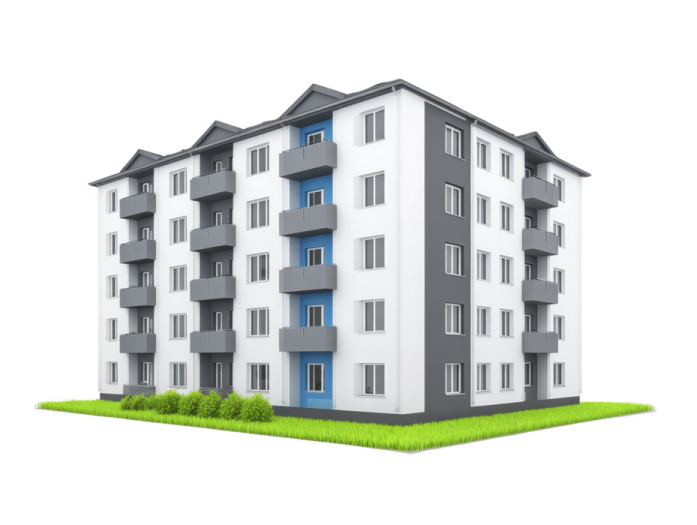 a three story apartment building with blue doors and windows