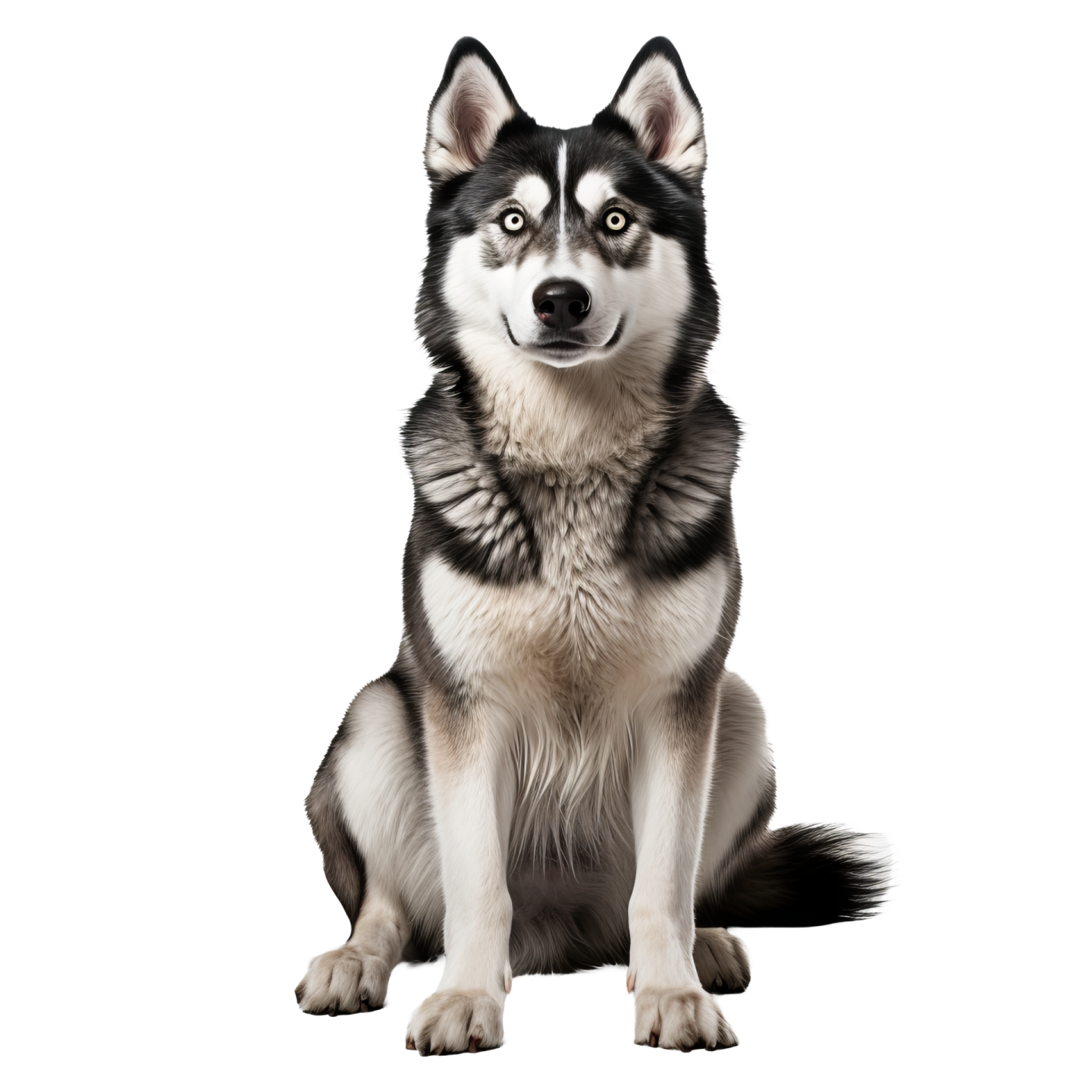a black and white husky dog sitting down
