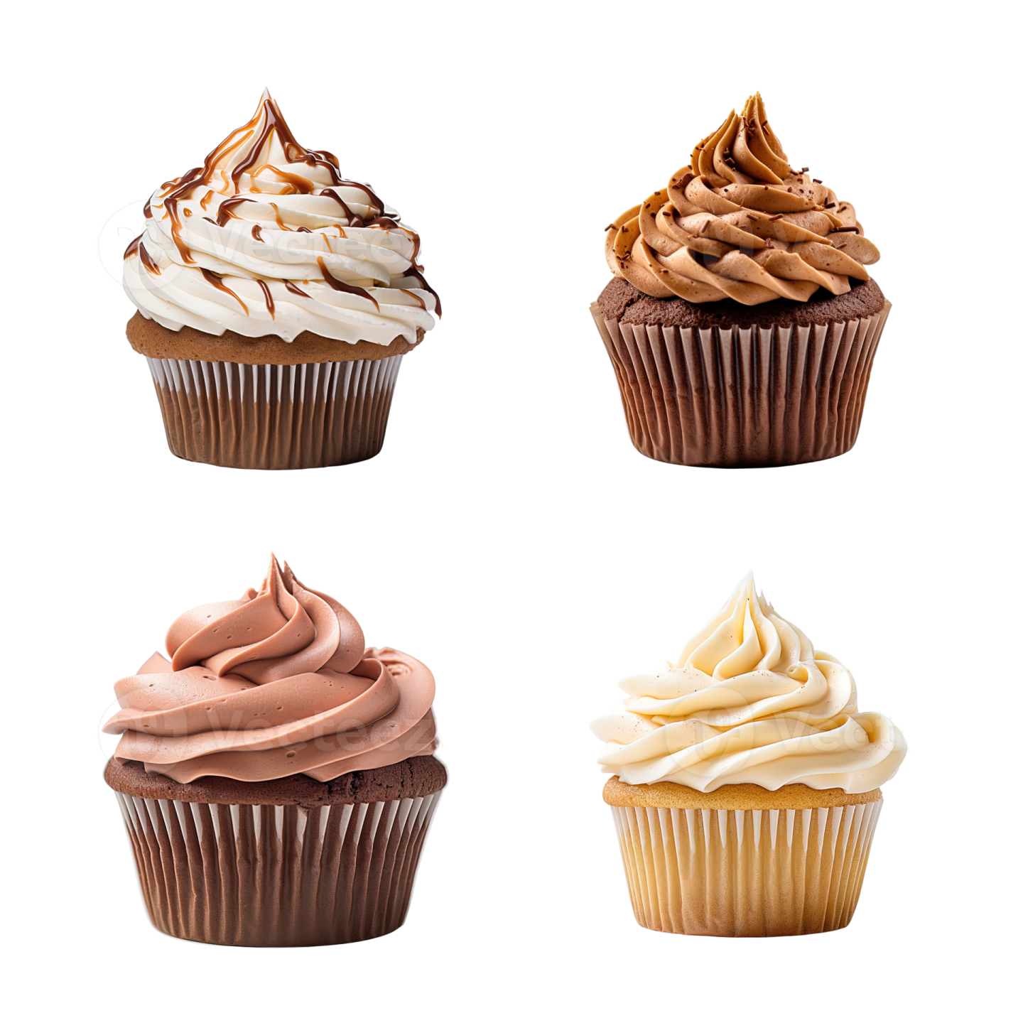 four cupcakes on a white background