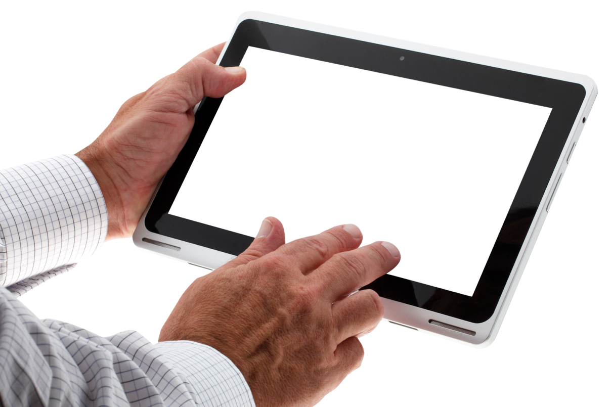 a man holding an ipad with a white screen