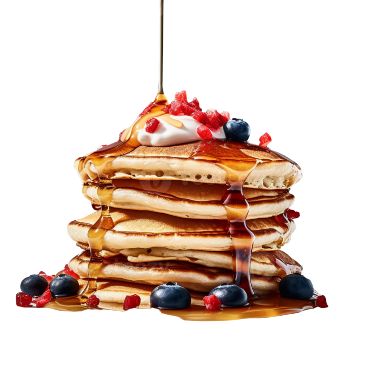 a stack of pancakes with syrup and berries