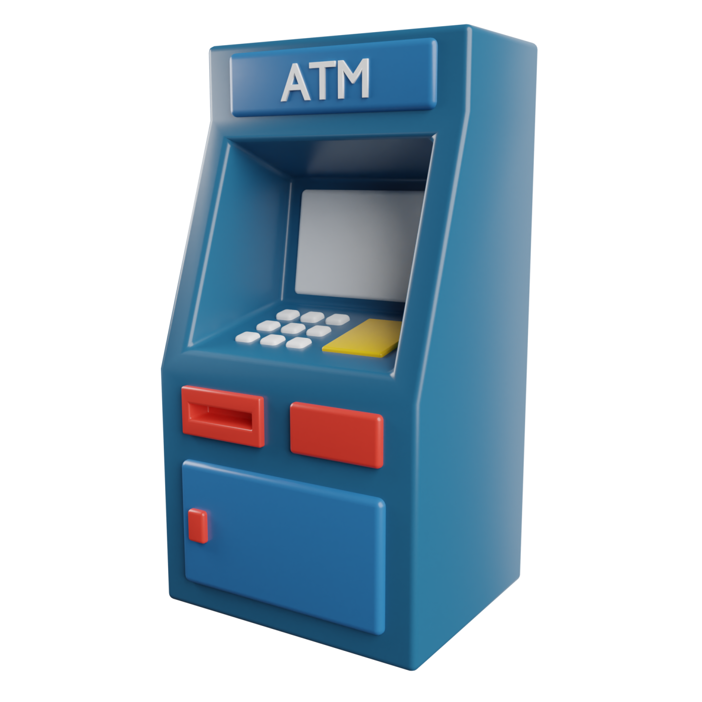 a blue atm machine on a white background