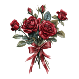 a bouquet of red roses with green leaves