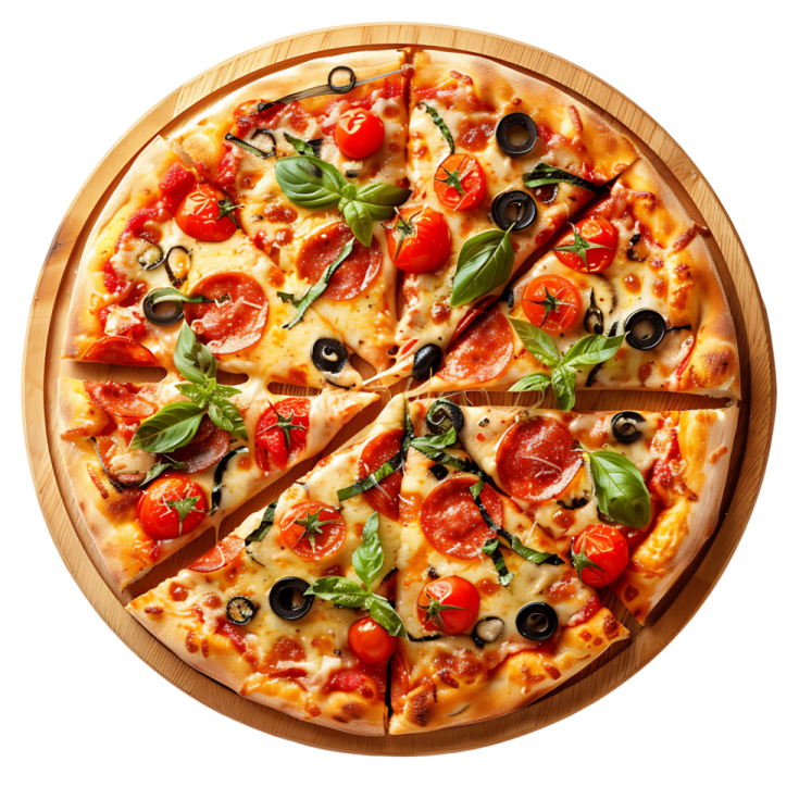 a pizza with tomatoes and olives on a wooden plate