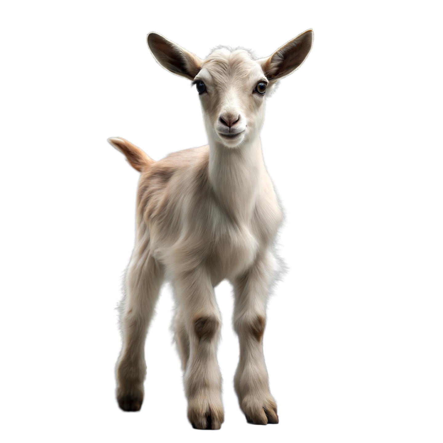 a baby goat standing in front of a white background