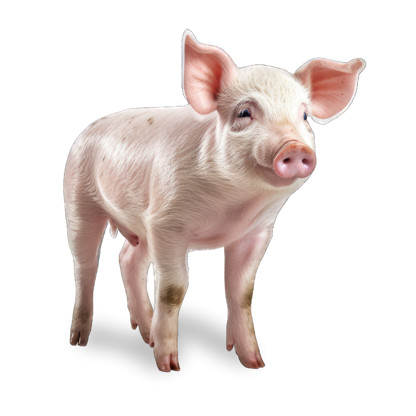 a small pig standing on a white surface