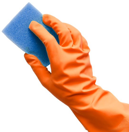 a pair of orange gloves holding a blue sponge