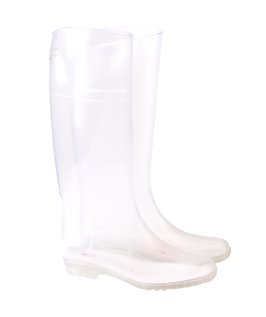a pair of white rain boots on a white background