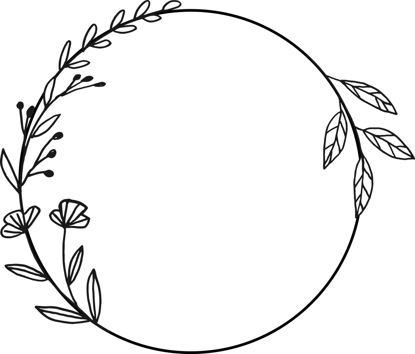 a black and white circle with leaves around it