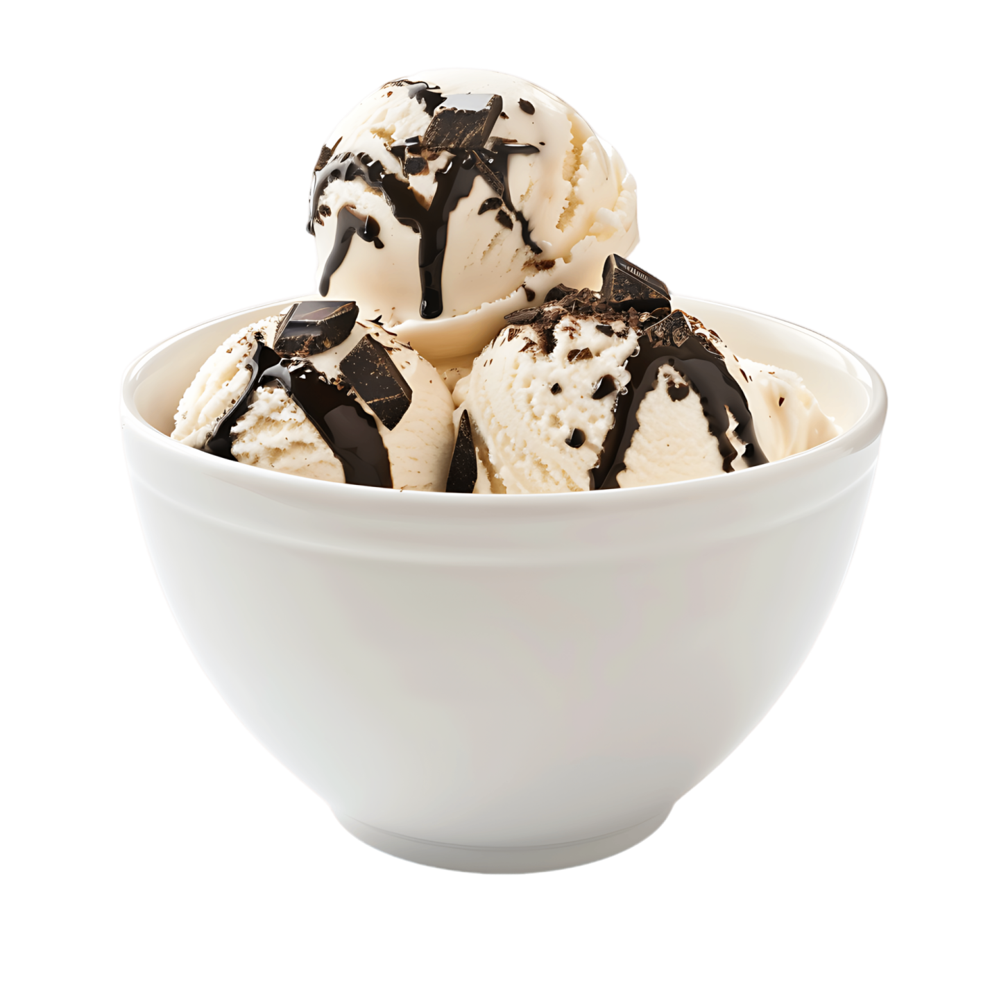 three scoops of ice cream in a white bowl