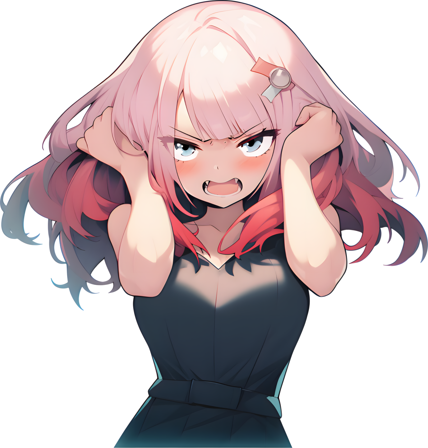 an anime girl with pink hair and blue eyes, wearing a black dress