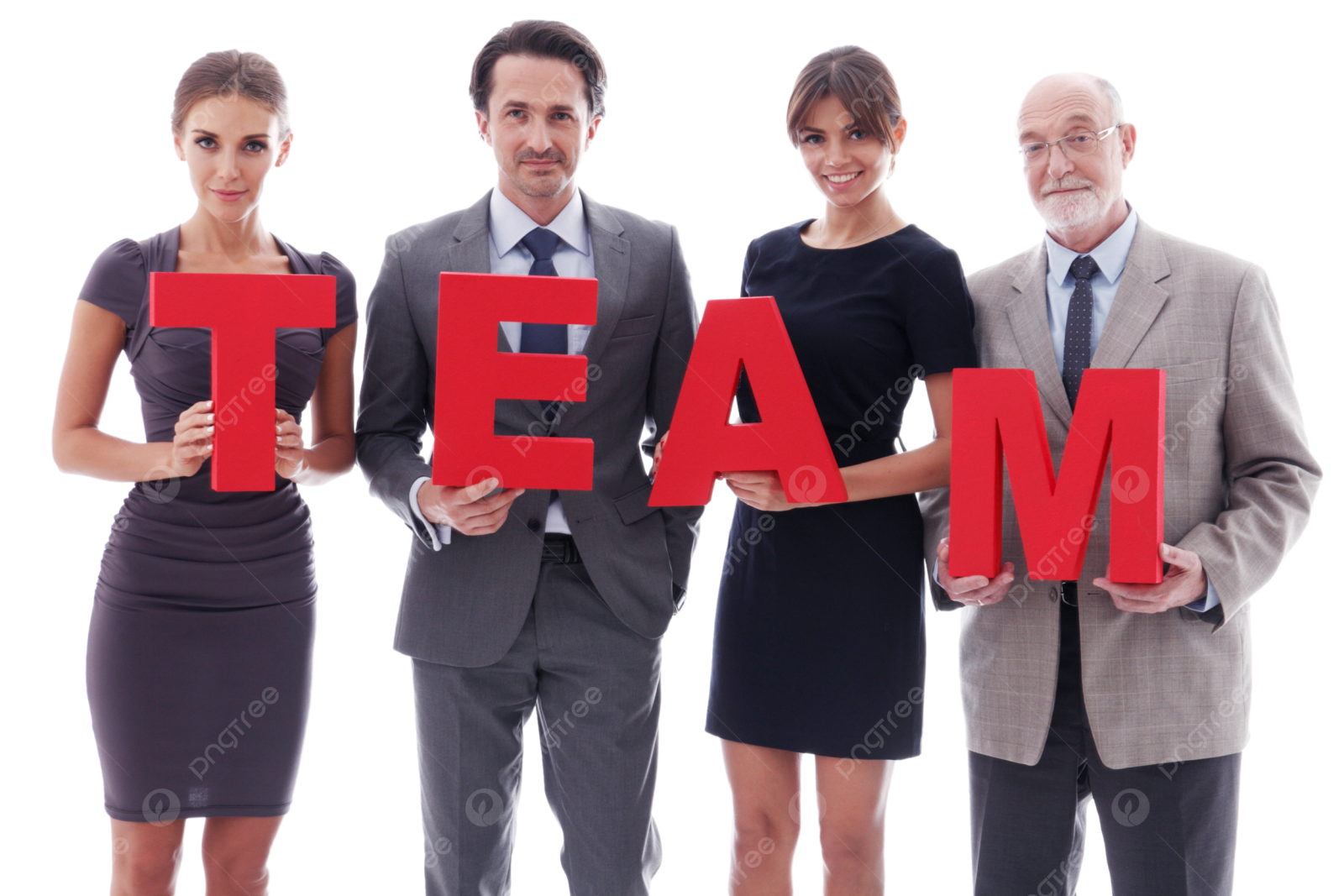a group of business people holding up the word team