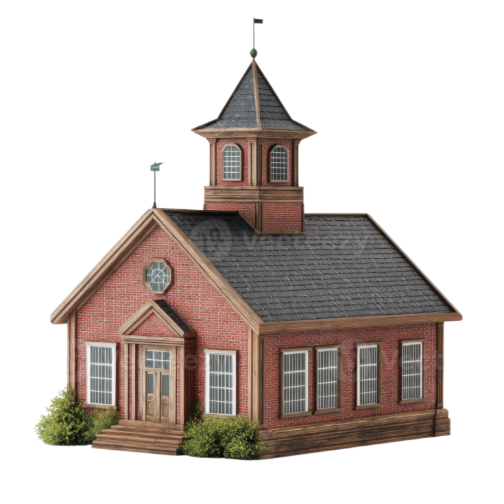 a small red brick church with a steeple on top