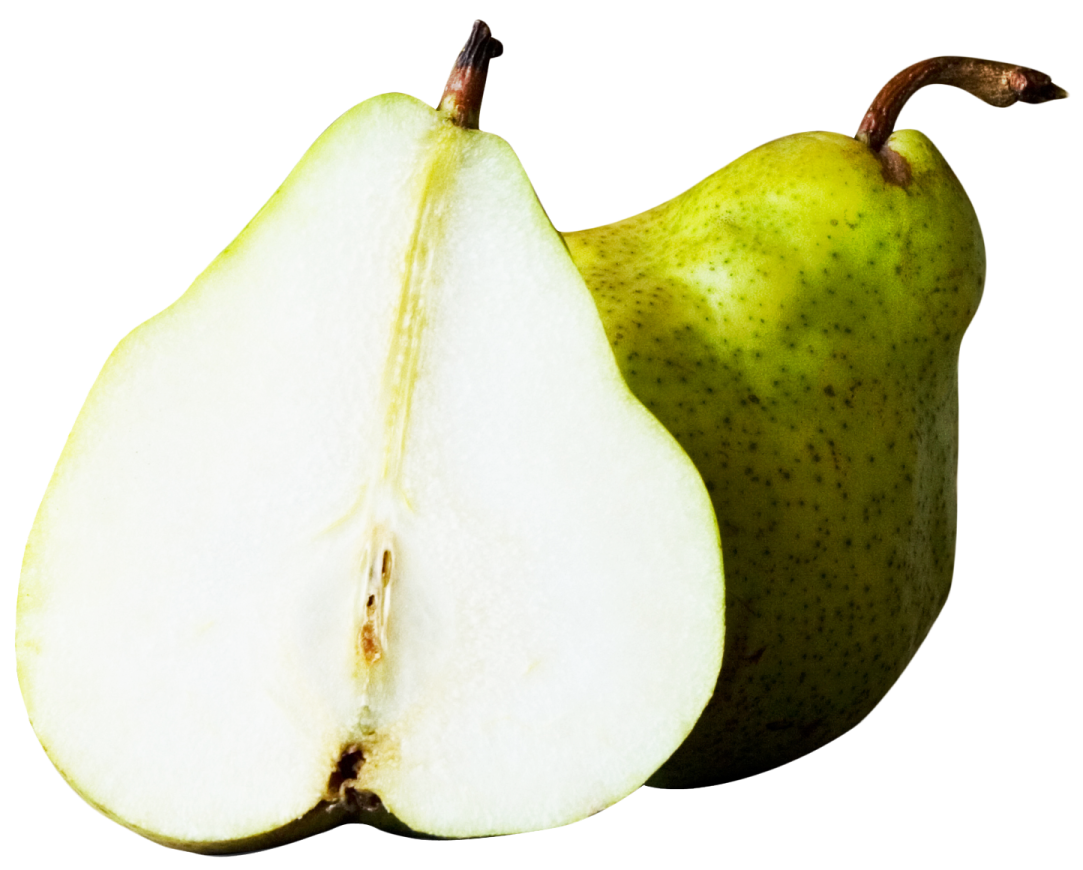 a pear cut in half on a white background