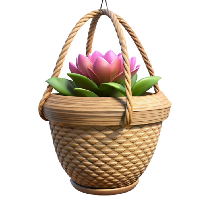 a basket with a pink flower inside
