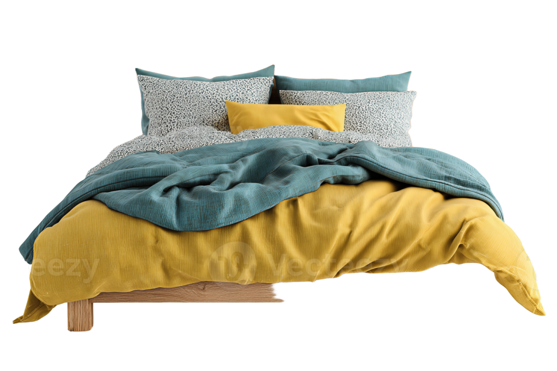 a bed with a yellow comforter and two pillows