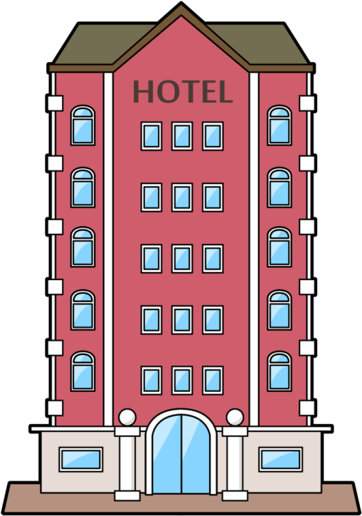 a red hotel building with windows