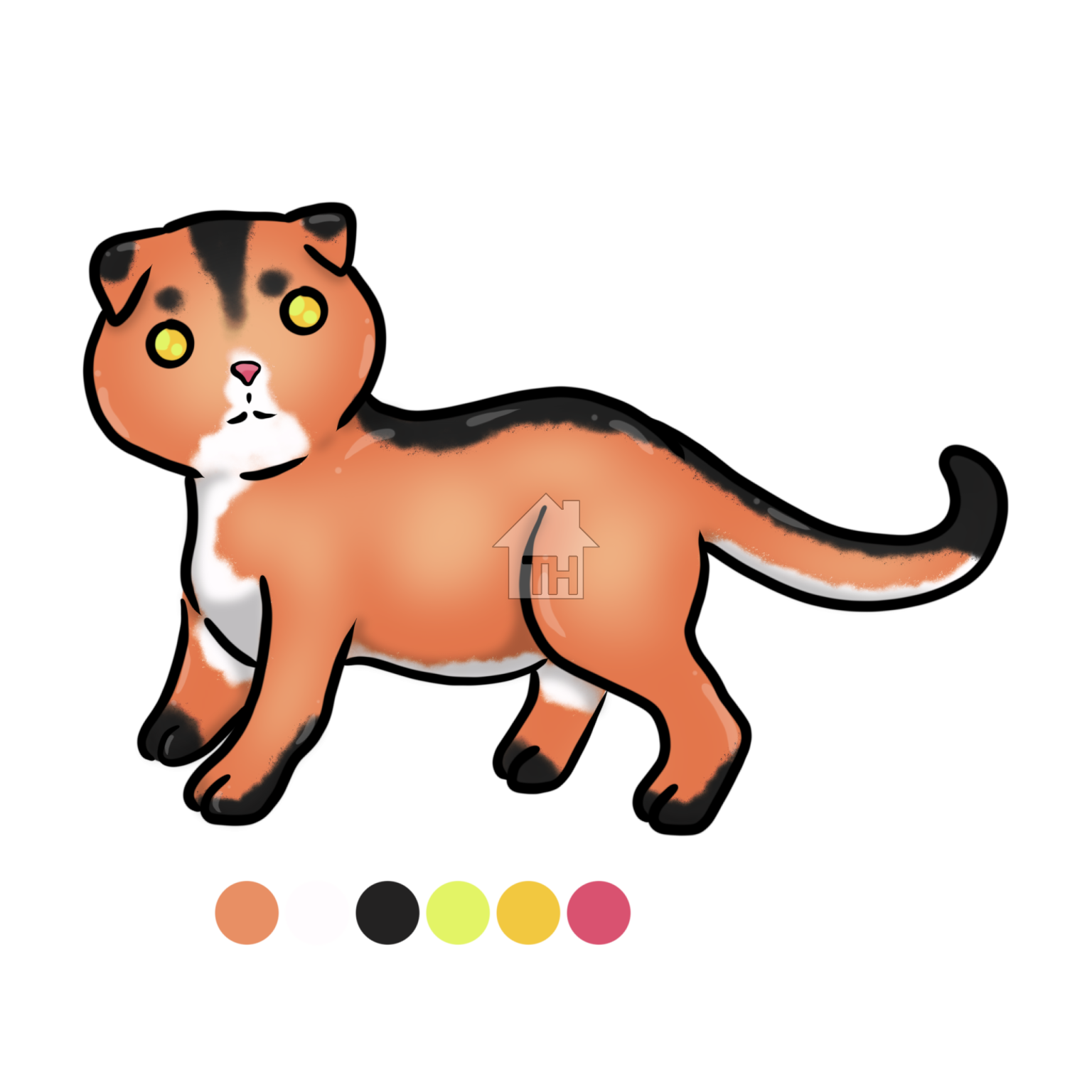 an orange and black cat with yellow eyes