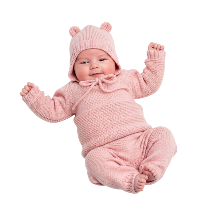 a baby in a pink knitted suit and hat