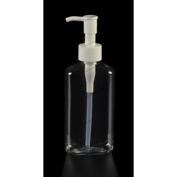 a clear bottle with a white pump on it