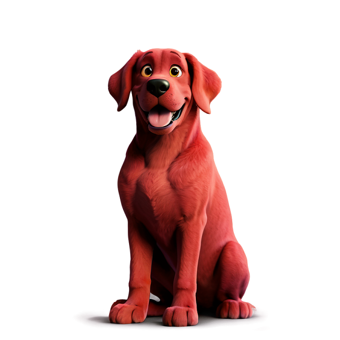 a red dog sitting down with its tongue out