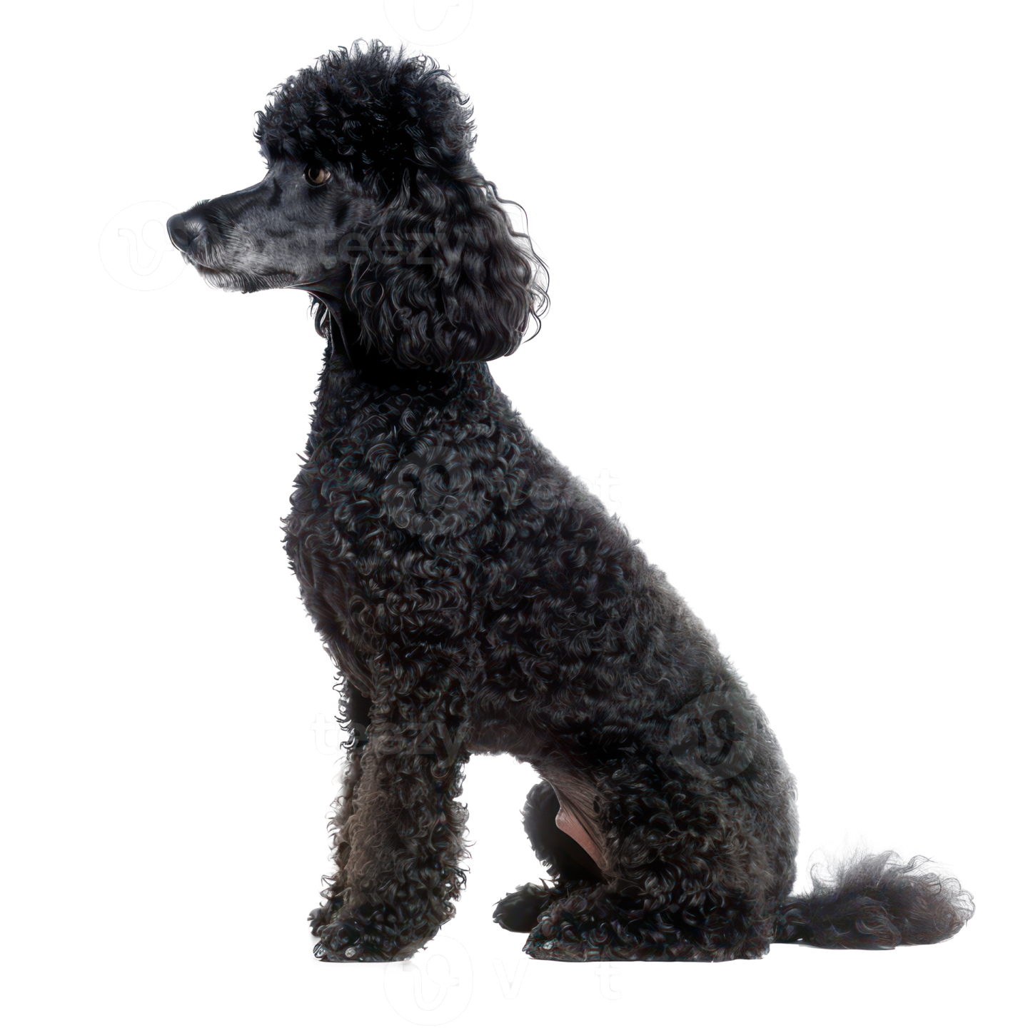 a black poodle sitting in front of a white background