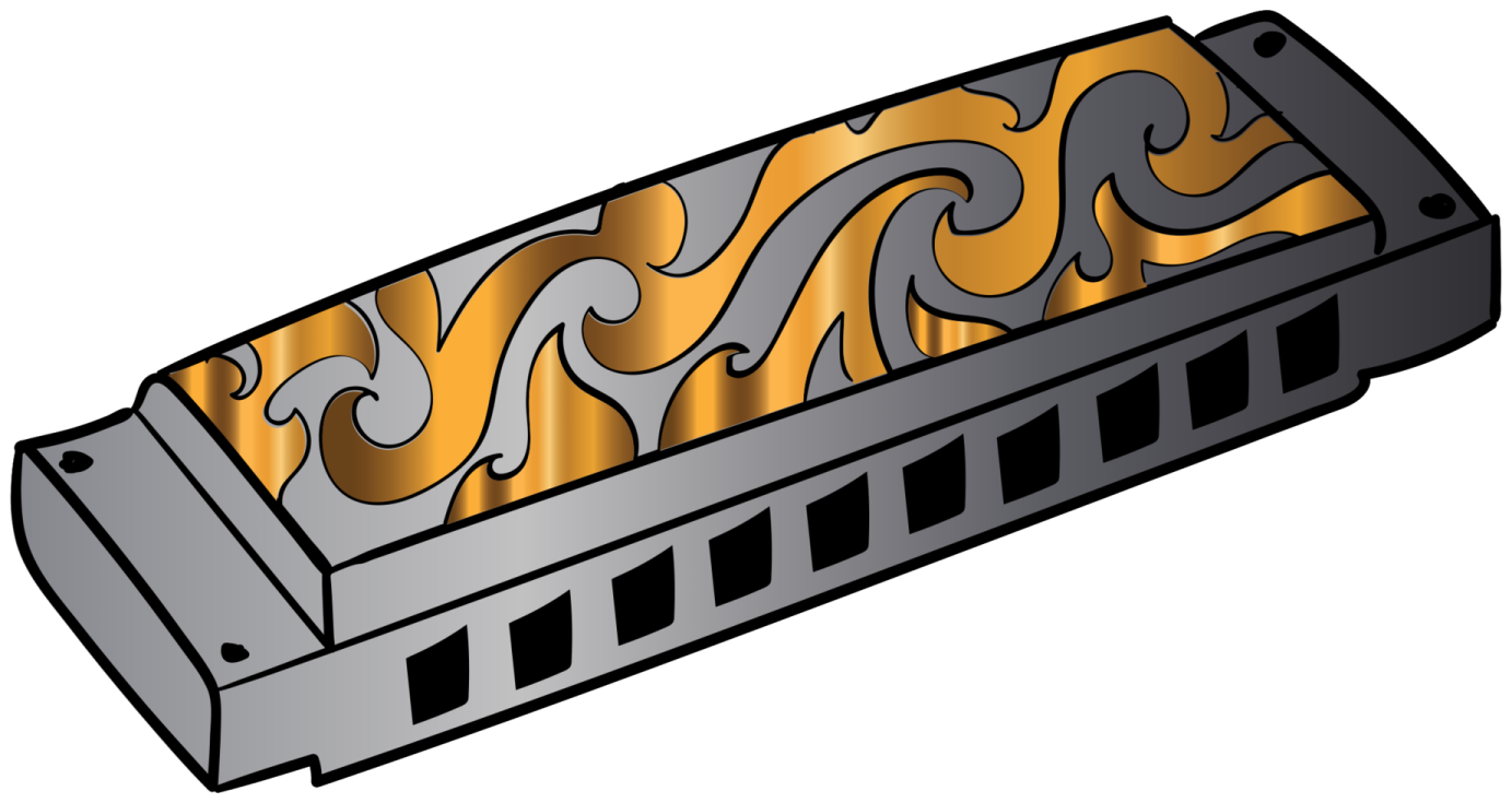 a harmonica with flames on it