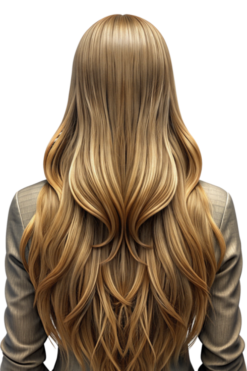 the back of a woman with long blonde hair