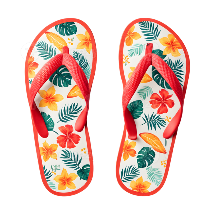 a pair of flip flops with tropical flowers and leaves