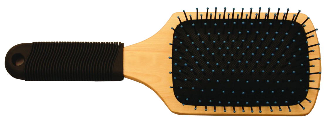 a wooden brush with blue dots on it