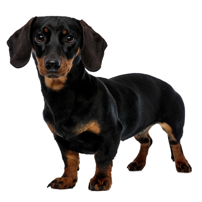 a black and brown dog standing on a white background