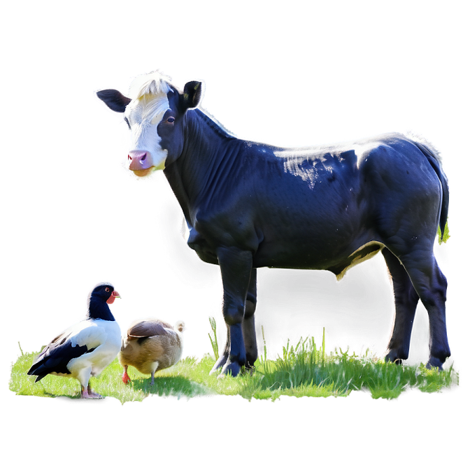 a black and white cow standing next to a duck
