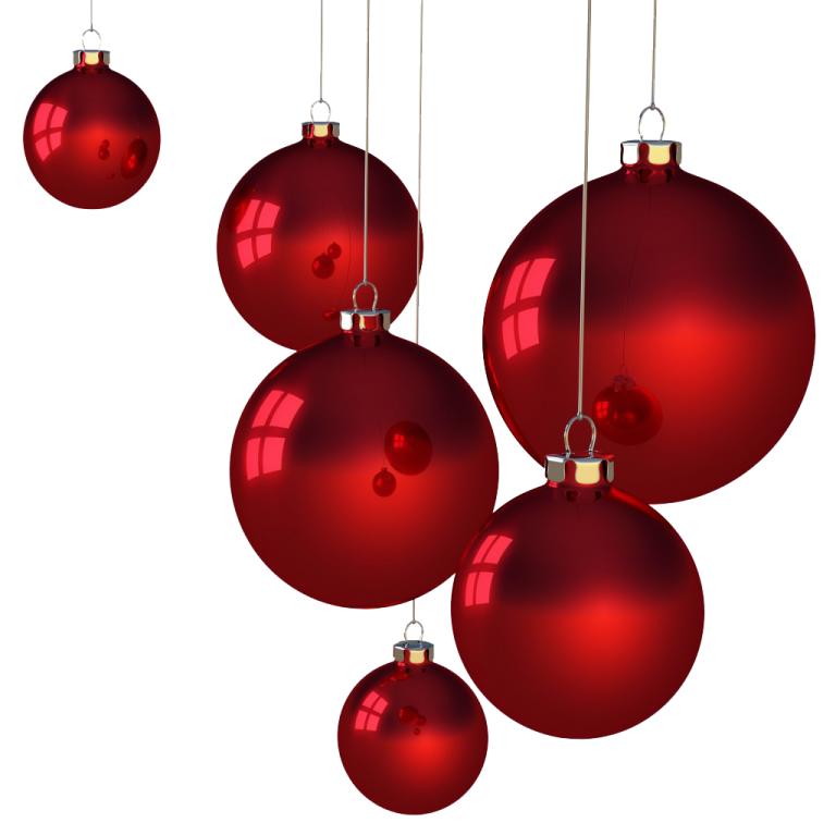 three red christmas balls hanging from the ceiling
