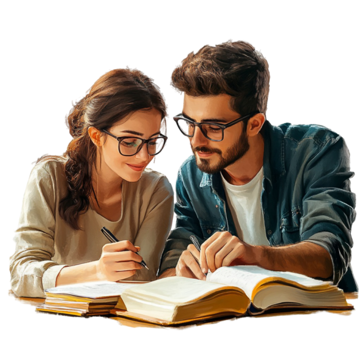 a man and woman sitting at a table writing