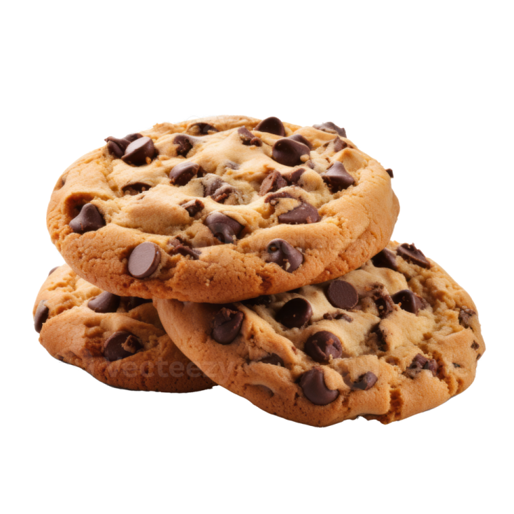three chocolate chip cookies on white background