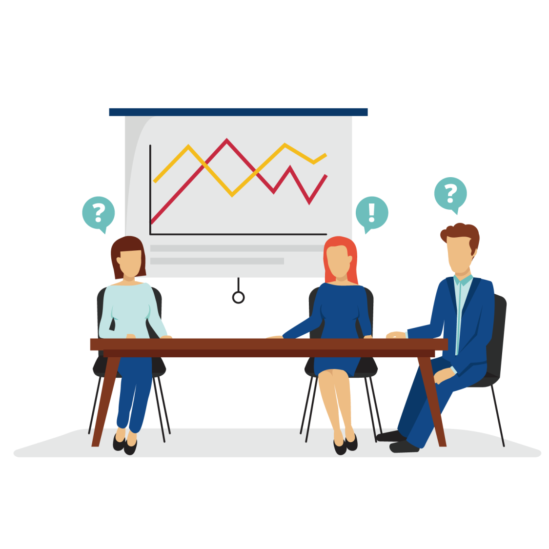 two people sitting at a table in front of a whiteboard