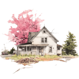a white house with pink flowers on the roof