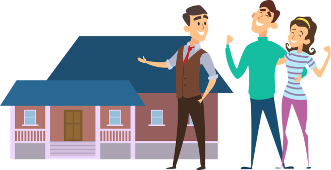a man and woman standing in front of a house