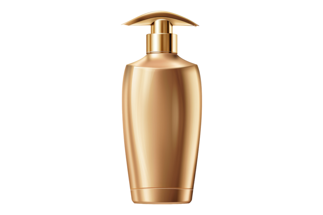 a bottle of gold liquid on a white background
