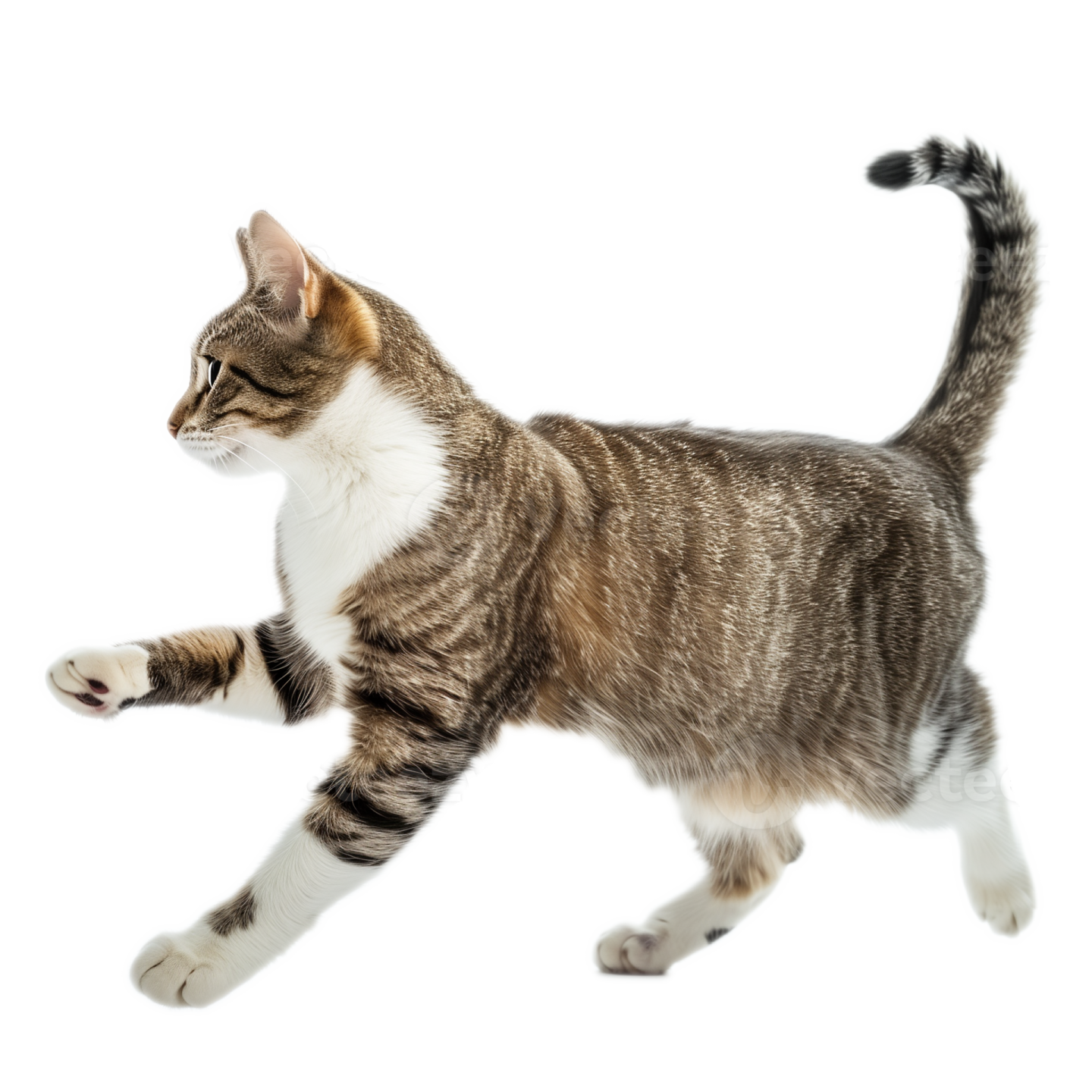 a gray and white cat running on a white background