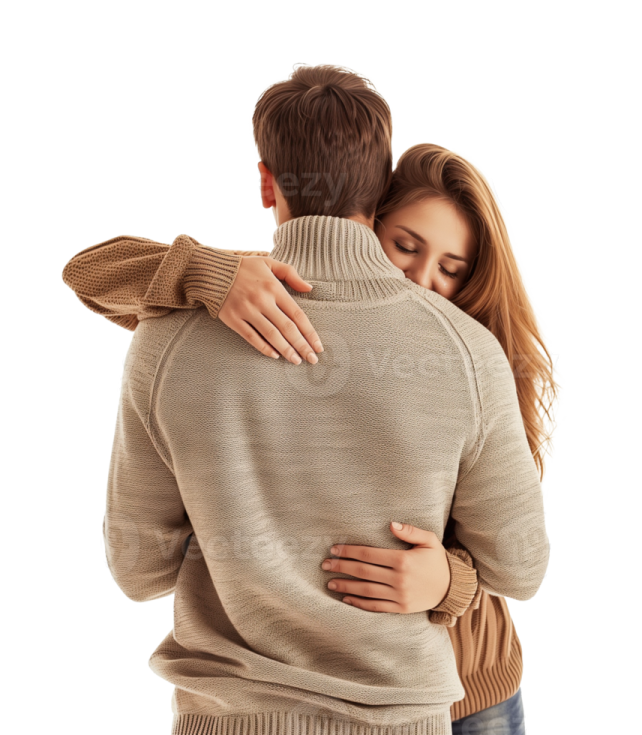 a man and woman hugging in front of a white background