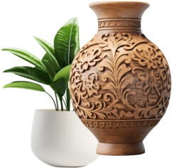 a wooden vase with a plant in it
