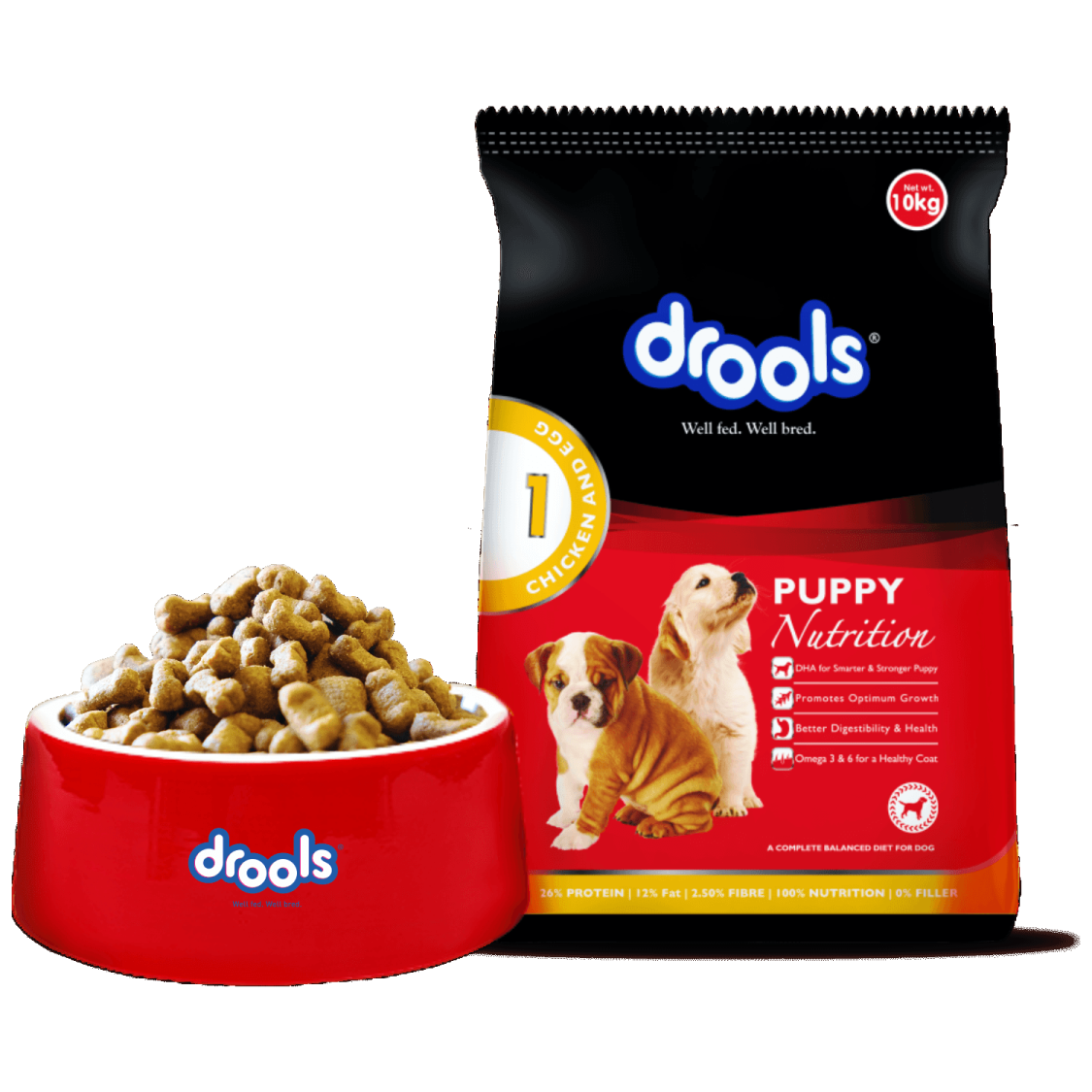 a bag of dog food next to a red bowl