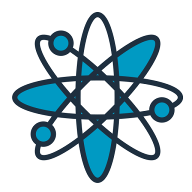 a blue and white icon of an atom