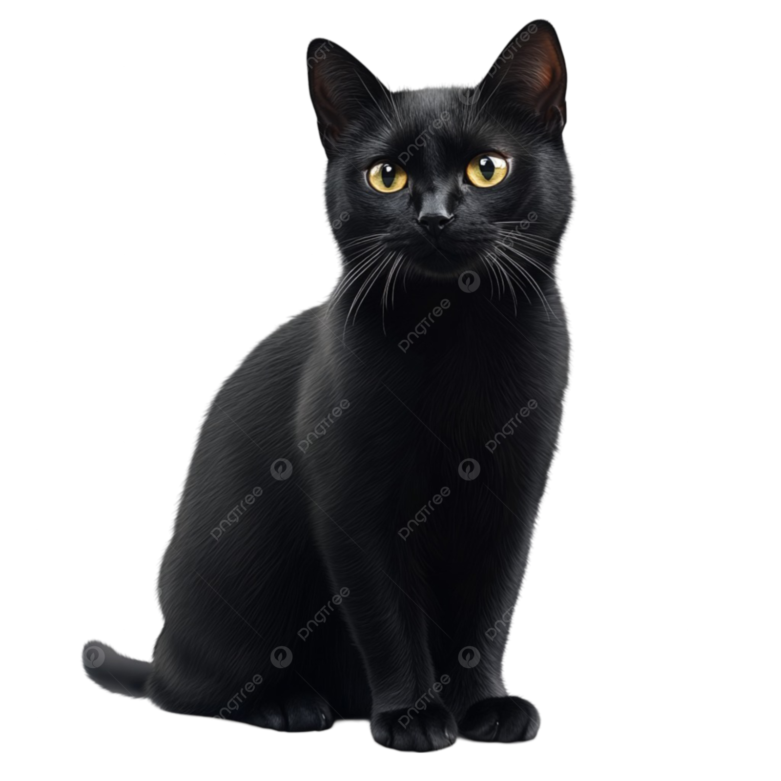 a black cat sitting down and looking at the camera